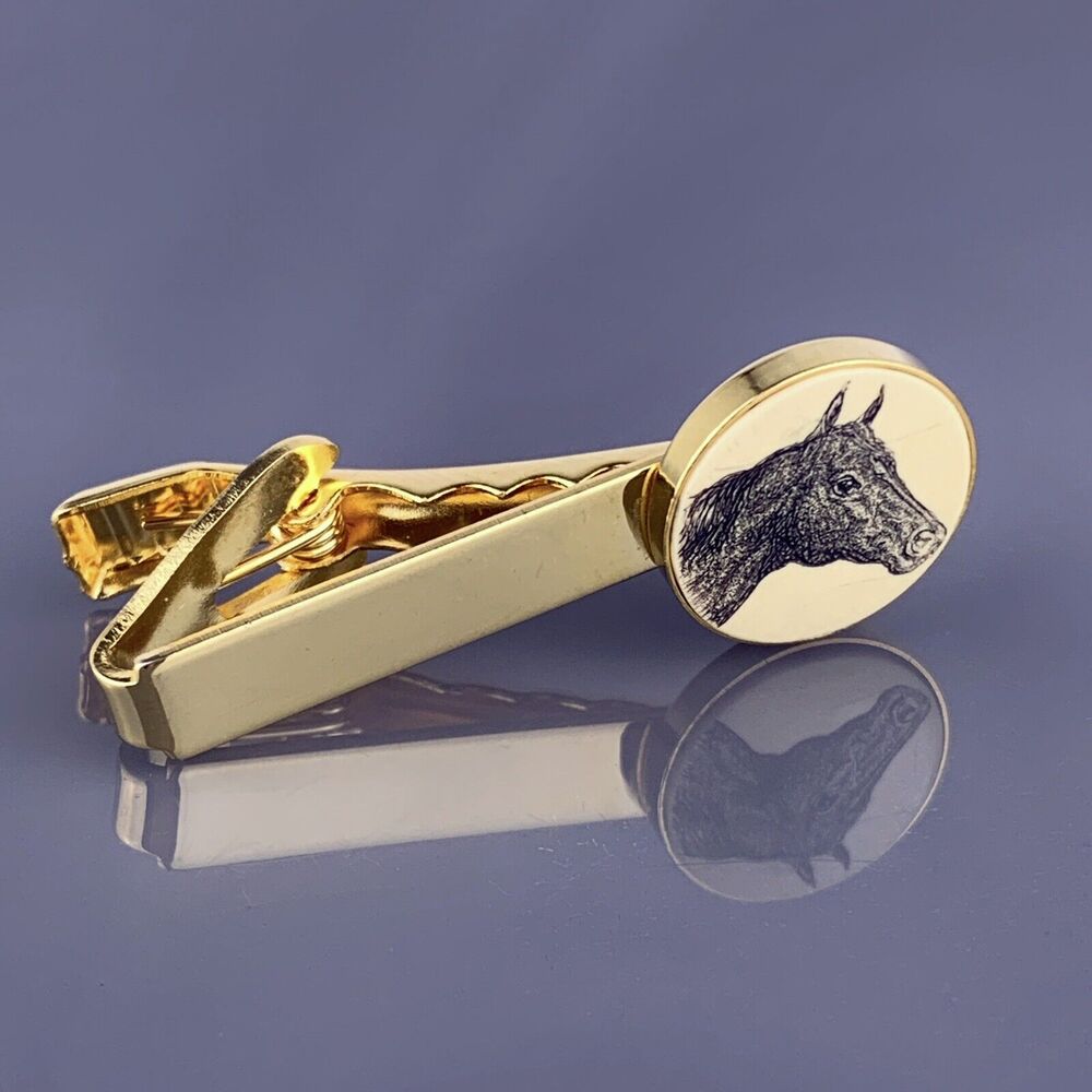Etched Horse Head Tie Clip Bar Gold Plated Barlow Equestrian Race Right Vintage